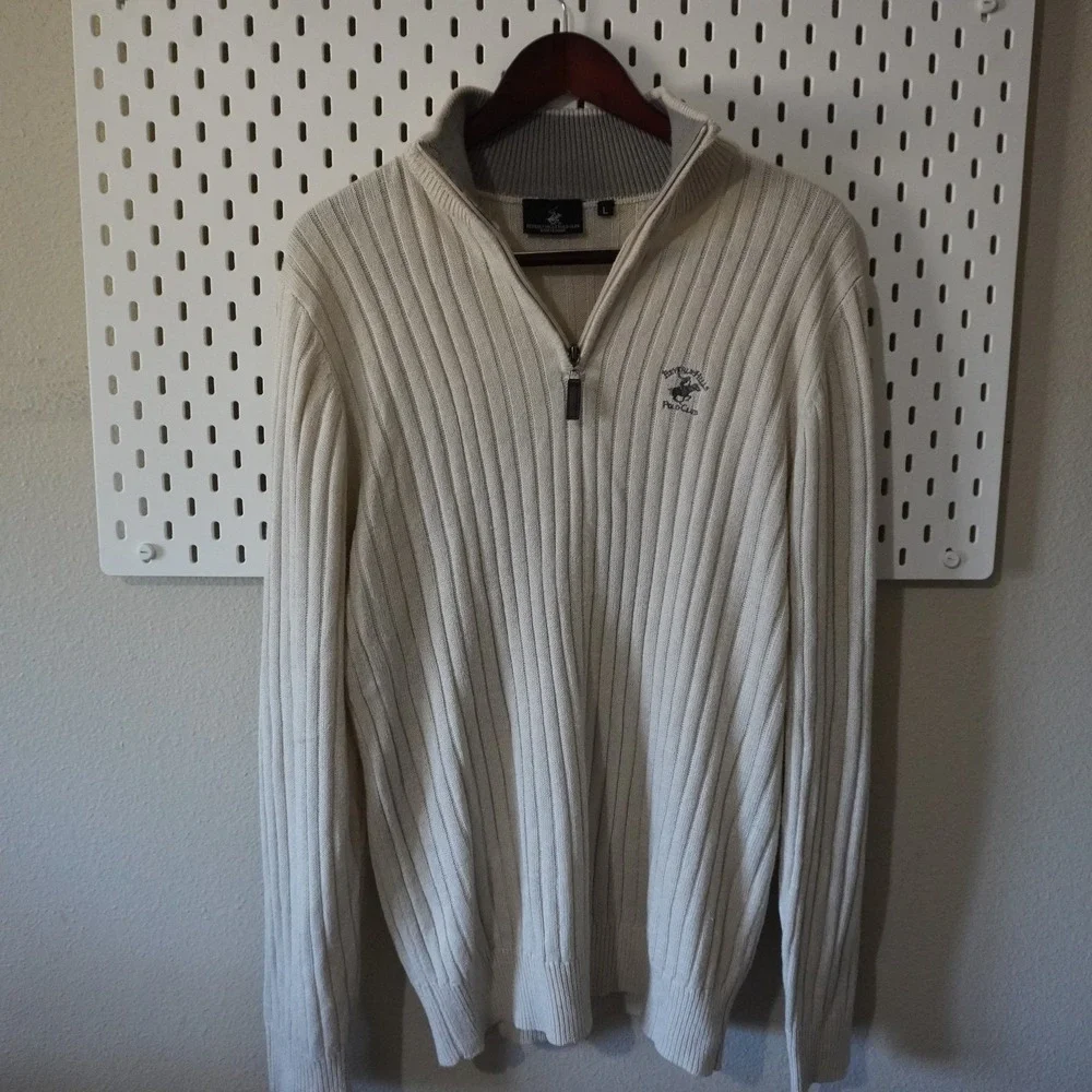 Beverly Hills Polo Club Sweater‎ cream tan Size L 1/4 zip